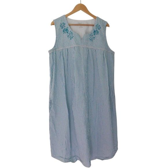 Womens Seersucker Nightgown Sleeveless Teal White Striped Snap Front Sz XL - Picture 1 of 4